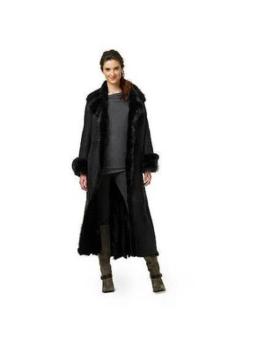 Cole Haan Black Genuine Shearling Long Coat Fur Trim Sz XS Penny Lane Luxury - Picture 4 of 16